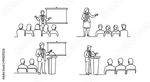Line art illustrations depicting various business presentations and public speaking scenarios