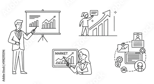 Business presentation with graphs data analysis and marketing strategy concepts illustrated