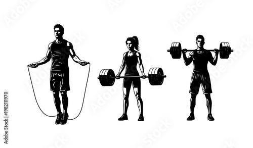 Fitness silhouettes jump rope barbell weight training black and white vector illustration isolated on white