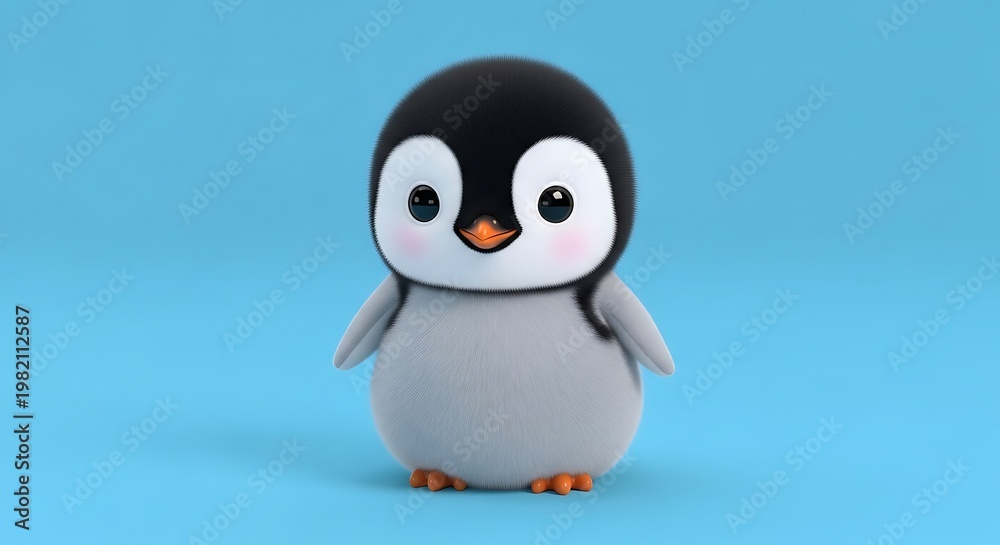 Obraz premium Cute cartoon penguin standing against a blue background.