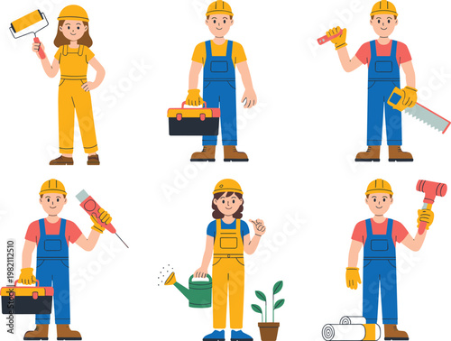 Set of professional construction and maintenance workers character collection featuring handyman gardener and painter in flat vector illustration