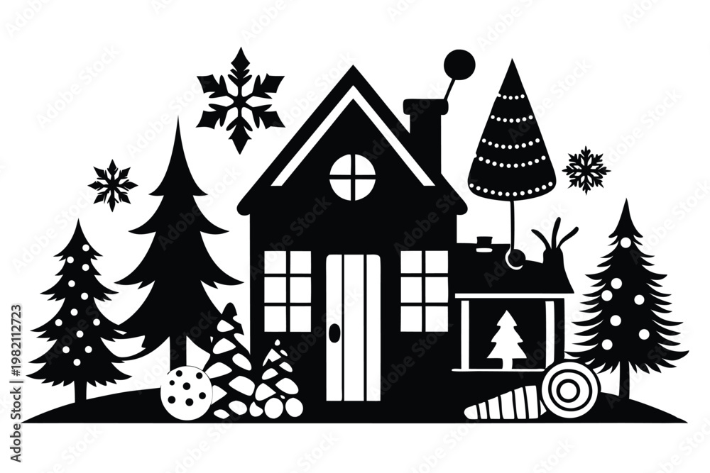 Obraz premium christmas winter and house silhouette line art vector illustration with a white background