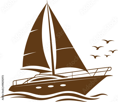 Sailboat on wavy water with birds flying brown illustration sailboat transport illustration vacation recreation maritime nautical adventure