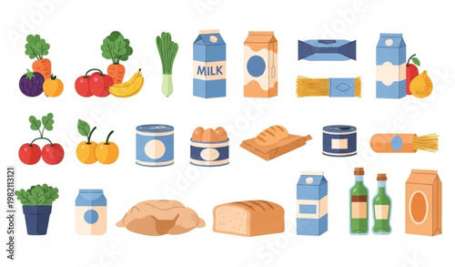 Flat Grocery Collection with Fresh Food and Packaged Products for Retail Advertising