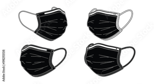 Four black and white illustrations of disposable protective face masks