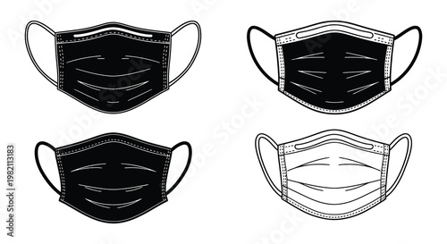 Four black and white illustrations of disposable protective face masks