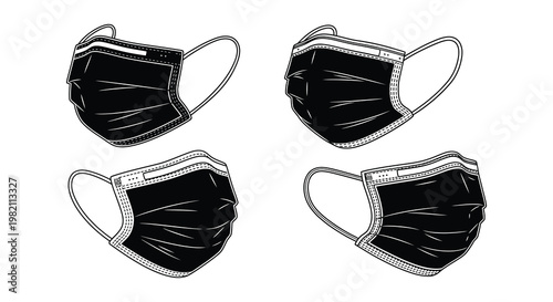 Four black and white illustrations of disposable protective face masks