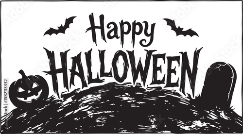 Halloween, Happy Halloween, spooky, black, vector graphics, illustration, jack-o-lantern, tombstone, bats, scary, festive, holiday, seasonal, decorations