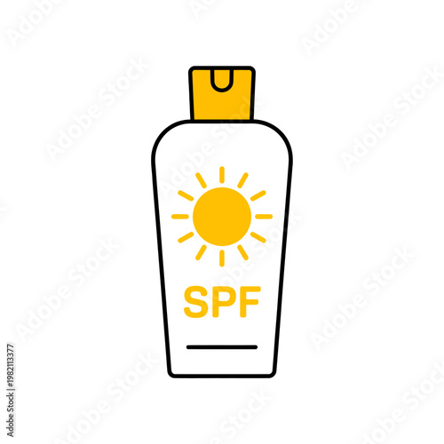 Sunscreen bottle with sun protection factor SPF symbol on white background