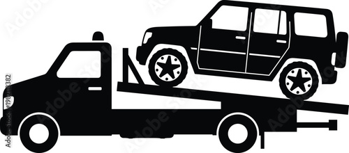 Professional Black Silhouette of a Flatbed Tow Truck Carrying an Off-Road SUV VehicleProfessional Black Silhouette of a Flatbed Tow Truck Carrying an Off-Road SUV Vehicle