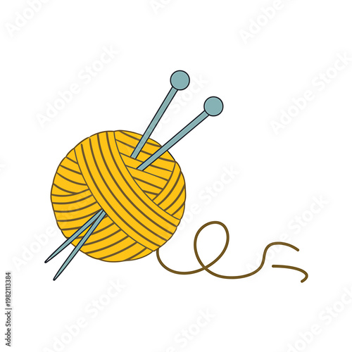 Yellow yarn ball with two knitting needles and a tail of brown thread