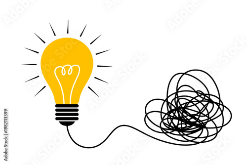 Light bulb with a cord turning into a tangled mess of wires