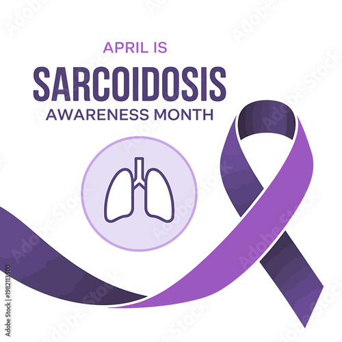 Sarcoidosis awareness month purple ribbon and lung icon on white background