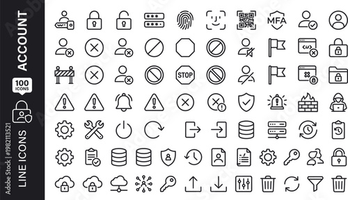 A collection of line icons related to account security and settings. AI, eps, png, jpg. transparent background.