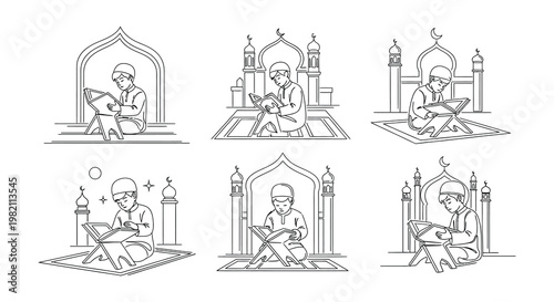 Illustrations of young muslims reading the quran in a linear style
