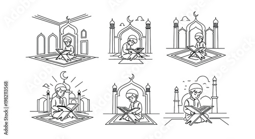 Illustrations of young muslims reading the quran in a linear style