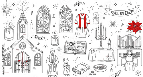 Christmas Church and Hymn Icon Set, Featuring Stained Glass, Candles, and Religious Symbols in Hand-Drawn Style