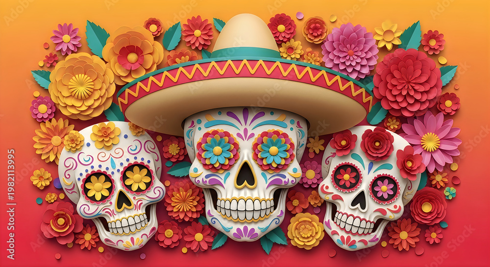 Fototapeta premium Day of the Dead sugar skulls with sombrero and flowers