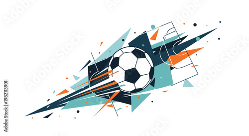 Dynamic soccer ball in motion is surrounded by abstract geometric shapes and lines in blue and orange on a white field.
