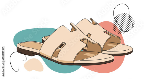 Pair of elegant beige leather slide sandals are displayed against a white background with abstract blue and red blobs.