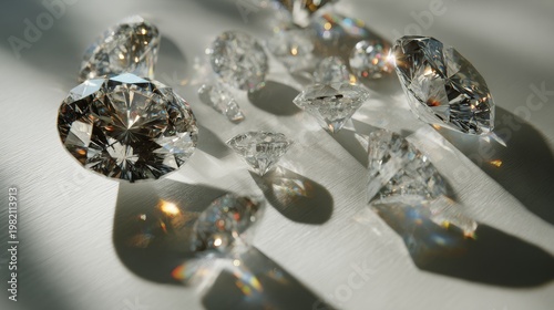 A close-up showcases radiant, multifaceted gemstones glistening in sunlight, creating captivating shadows on a bright surface