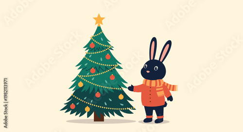Cute black rabbit wearing a warm red sweater and orange scarf stands next to a brightly decorated Christmas tree.