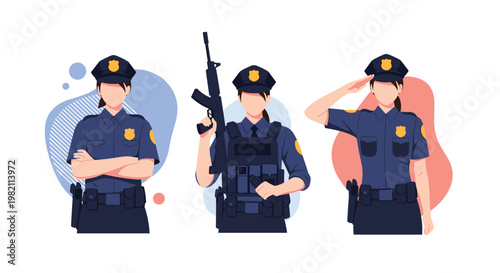 Three female police officers in dark blue uniforms are depicted in different poses including one holding a patrol rifle.
