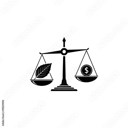 Black silhouette of scales balancing a leaf and a dollar coin