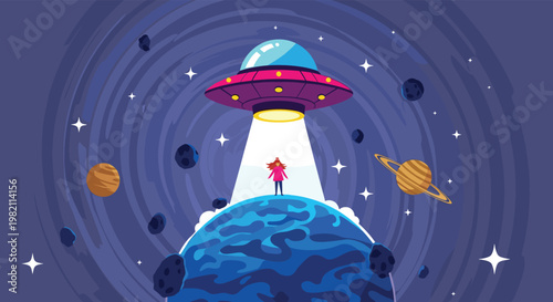 Surreal science fiction scene shows a flying saucer hovering over the blue planet Earth and beaming up a small person.