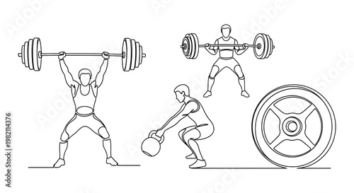 Line art illustration of weightlifting and kettlebell exercises in a gym