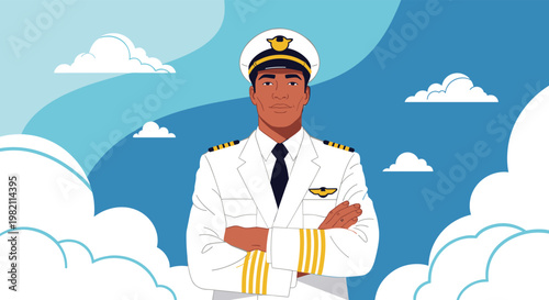 Professional male airplane pilot in a crisp white uniform stands with arms crossed against a blue sky with clouds.