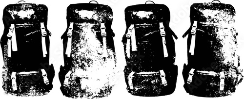 Four vintage hiking backpacks lined up, outdoor gear equipment for adventure and travel