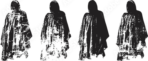 grunge silhouettes of hooded figures standing isolated on white background