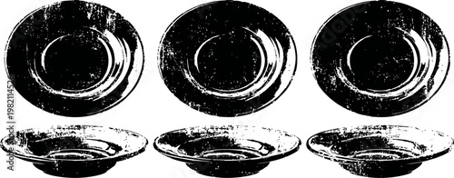 Set of six vintage glass plates arranged in two rows, transparent with circular patterns