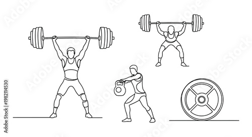 Line art illustration of weightlifting and kettlebell exercises in a gym