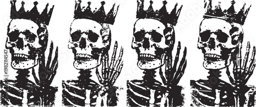 four crowned skeletons waving monochrome spooky royalty illustration with skulls and bony hands gesture set