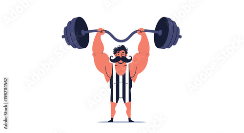Muscular circus strongman with a large curled mustache lifts a heavy weighted barbell over his head with both arms.