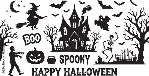 Halloween icons, spooky symbols, black vector graphics, creepy characters, holiday decorations