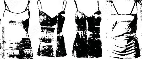 set of four elegant women's summer dresses with spaghetti straps in black and white