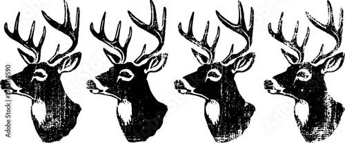 Vector set of majestic deer heads with antlers in black and white silhouette