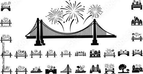 Vintage illustration of golden gate bridge with fireworks and surrounding scenes
