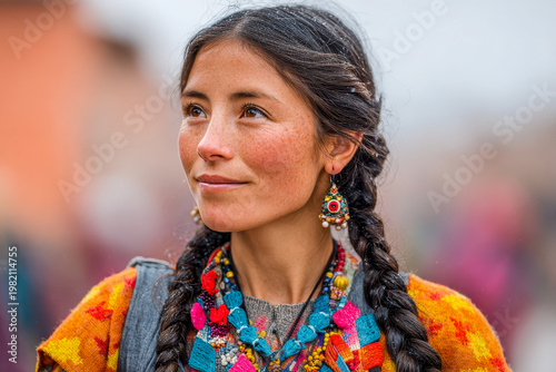 Close-up portrait of a smiling young Indigenous woman with braided hair, wearing colorful traditional woven clothing and beaded jewelry in a documentary lifestyle photography style
