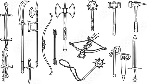 Collection of Historical Weapons Including Swords, Axes, Maces, Bows, and Crossbows for Medieval and Fantasy Illustrations