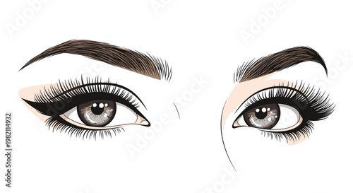 Close up artistic rendering of a woman?s eyes featuring dramatic winged eyeliner and long dark lashes emphasizing a glamorous and bold makeup look.