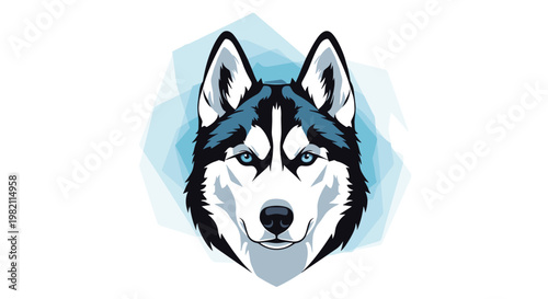 Stylized portrait of a Siberian husky face with bright blue eyes and characteristic black and white markings set against an abstract blue background.