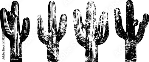 vintage cactus silhouettes set four saguaro cactus illustrations with textured grunge effect