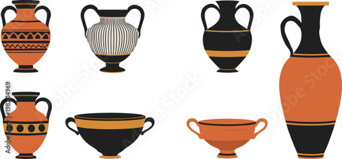 Ancient Greek Amphorae Vessels in Terracotta and Black Geometric Designs on White