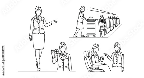 Line drawing depicting flight attendants and airline service elements