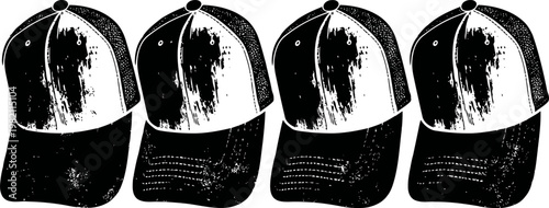 four black and white distressed baseball caps lined up, grunge texture, casual headwear