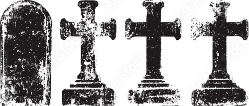 Grunge vintage tombstone crosses silhouette set old cemetery grave monuments with weathered texture
